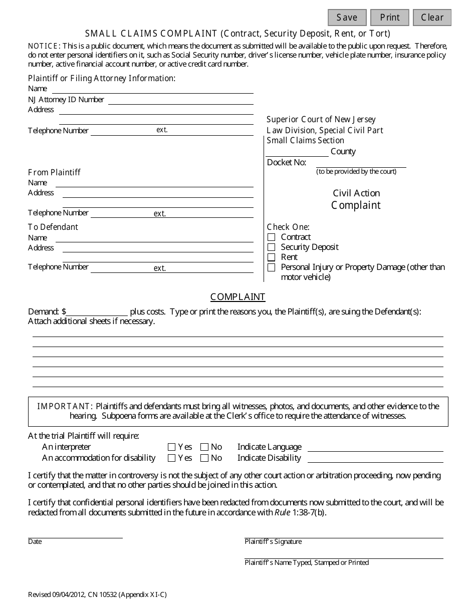 Form 10532 Appendix XI-C Small Claims Complaint (Contract, Security Deposit, Rent, or Tort) - New Jersey, Page 1
