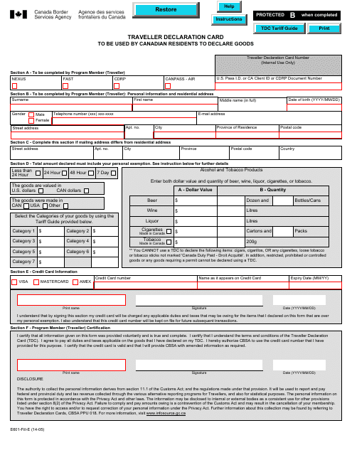 Form E601 Traveller Declaration Card to Be Used by Canadian Residents to Declare Goods - Canada