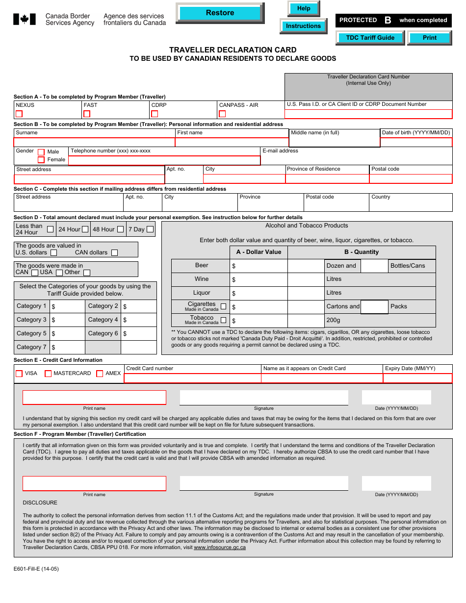 Form E601 Traveller Declaration Card to Be Used by Canadian Residents to Declare Goods - Canada, Page 1