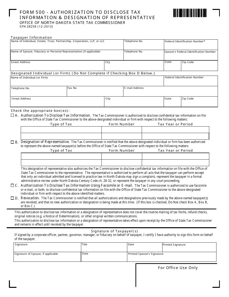 Form 500 (SFN28258) Authorization to Disclose Tax Information  Designation of Representative - North Dakota, Page 1