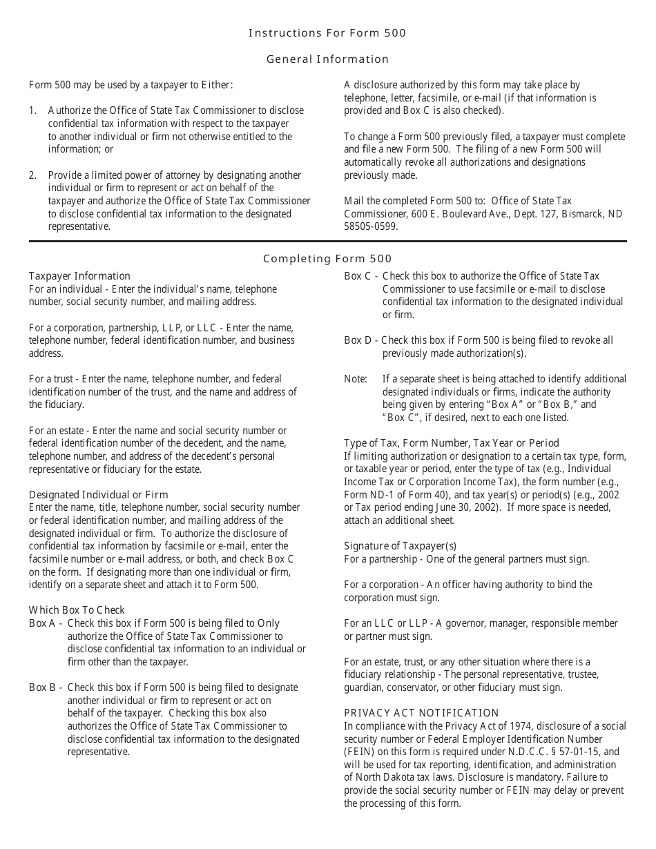 Form 500 (SFN28258) Authorization to Disclose Tax Information  Designation of Representative - North Dakota, Page 2