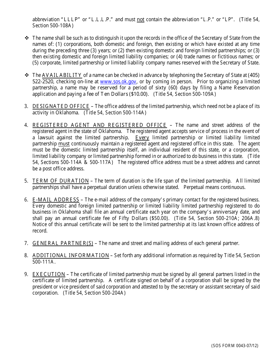 SOS Form 0028 Certificate of Limited Partnership (Oklahoma Limited Partnership) - Oklahoma, Page 2