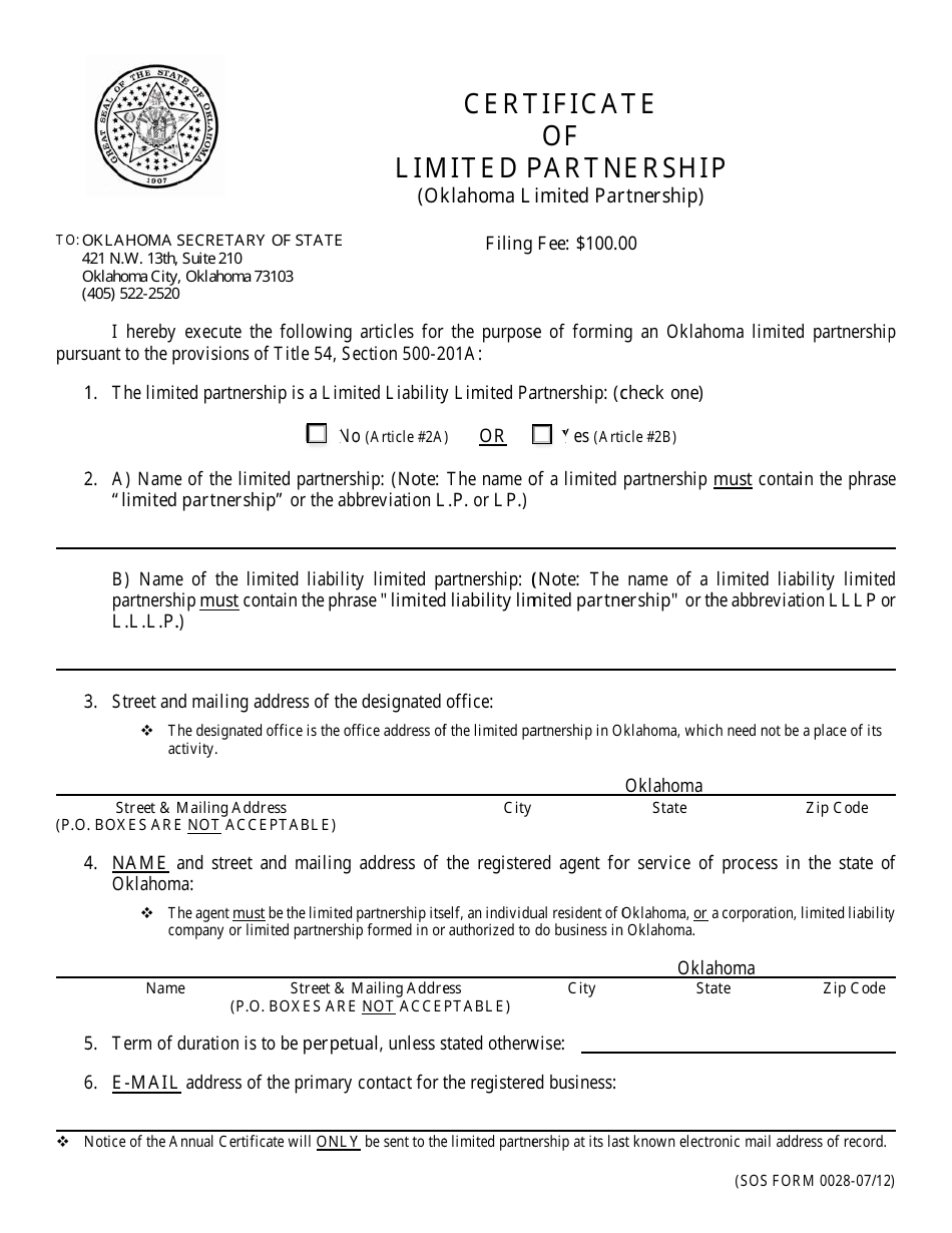 SOS Form 0028 Certificate of Limited Partnership (Oklahoma Limited Partnership) - Oklahoma, Page 3