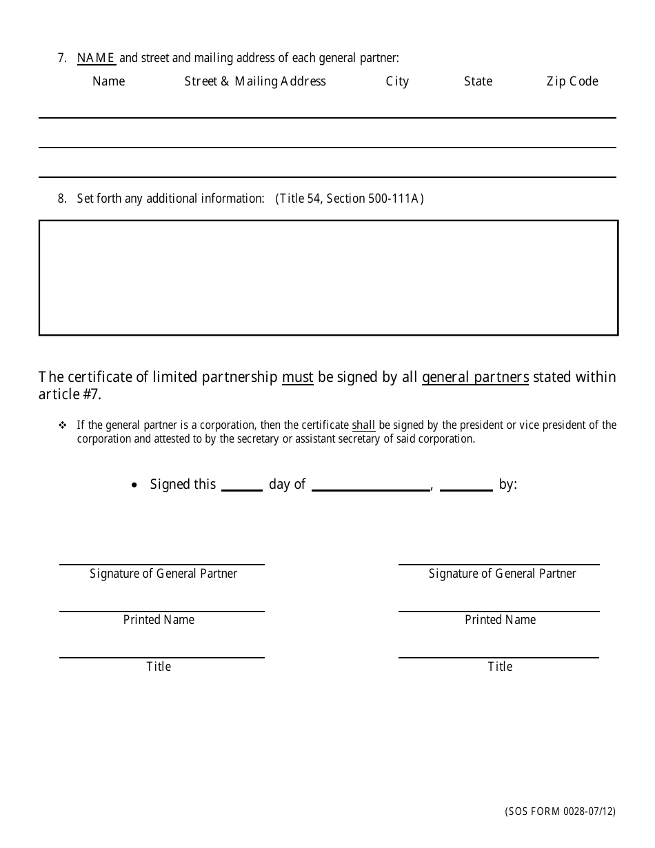 SOS Form 0028 Certificate of Limited Partnership (Oklahoma Limited Partnership) - Oklahoma, Page 4