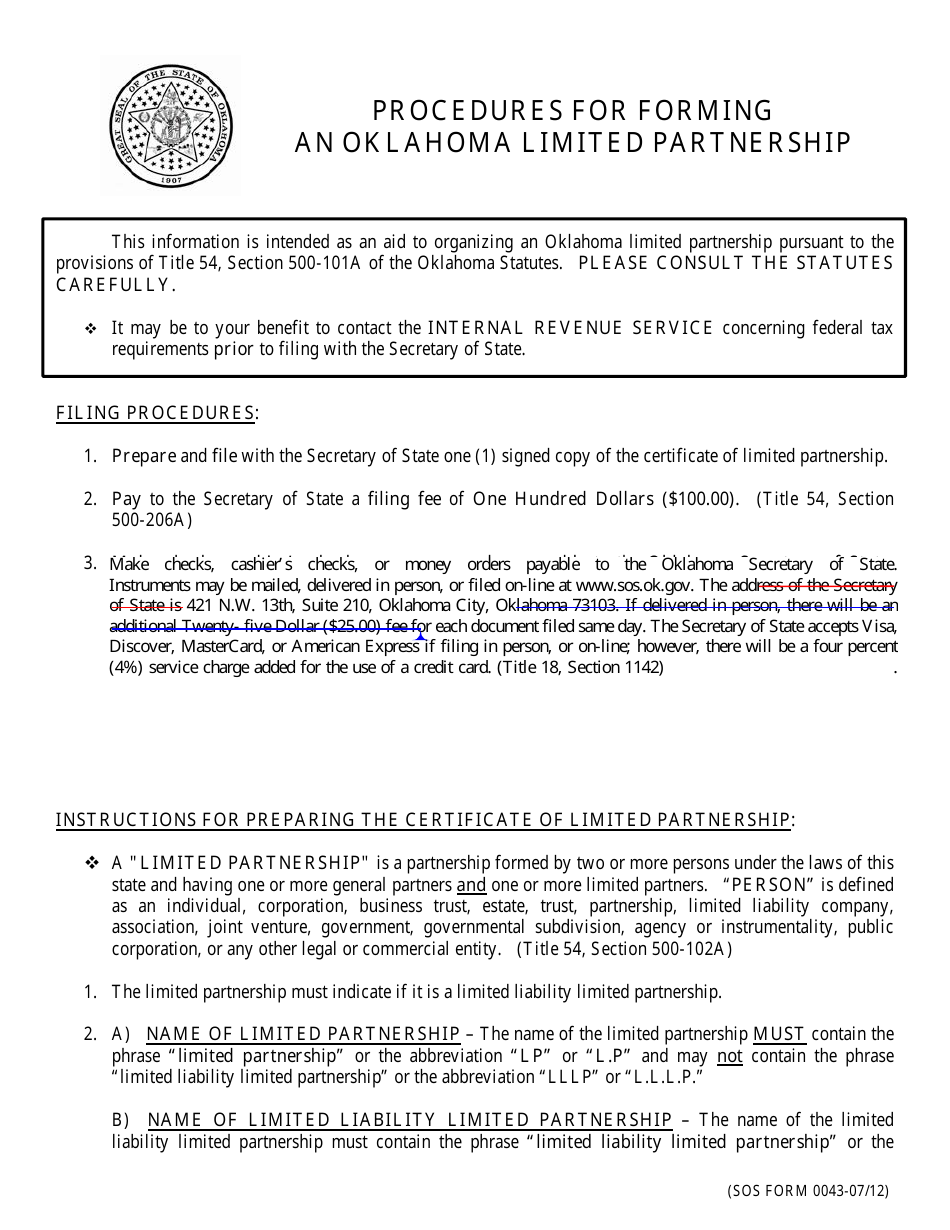 Sos Form 0028 Download Fillable Pdf Or Fill Online Certificate Of Limited Partnership Oklahoma Limited Partnership Oklahoma Templateroller