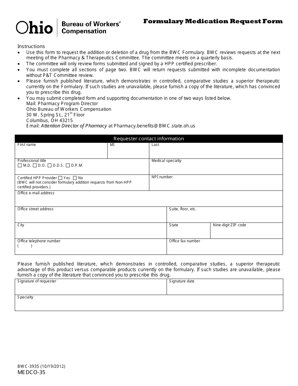 Form MEDCO-35 (BWC-3935) Formulary Medication Request Form - Ohio, Page 1