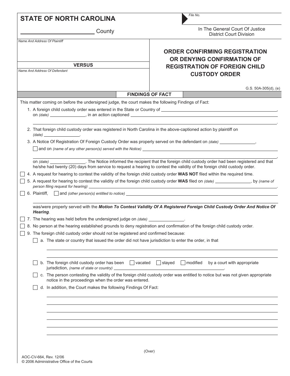 Form AOC-CV-664 Order Confirming Registration or Denying Confirmation of Registration of Foreign Child Custody Order - North Carolina, Page 1