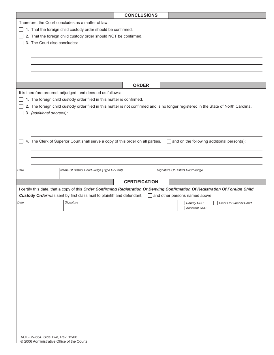 Form AOC-CV-664 Order Confirming Registration or Denying Confirmation of Registration of Foreign Child Custody Order - North Carolina, Page 2