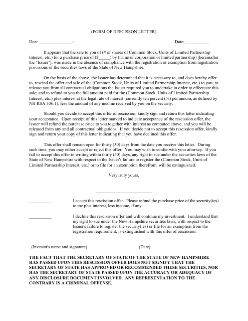 Form of Rescission Letter - New Hampshire