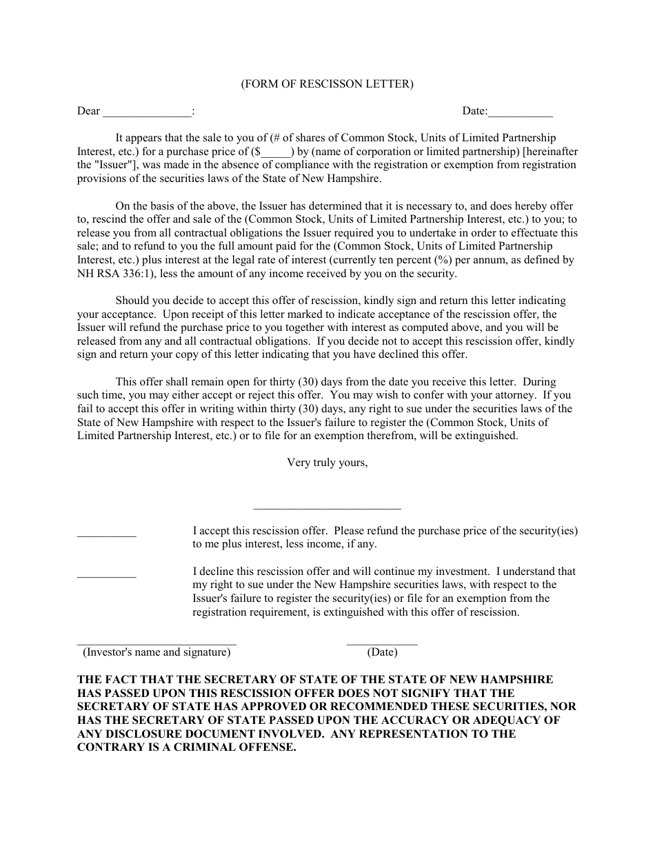 Form of Rescission Letter - New Hampshire, Page 1