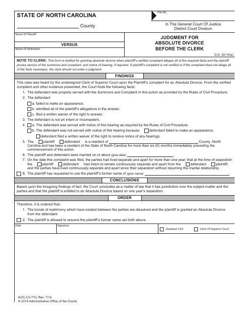 Form AOC-CV-710 Judgment for Absolute Divorce Before the Clerk - North Carolina