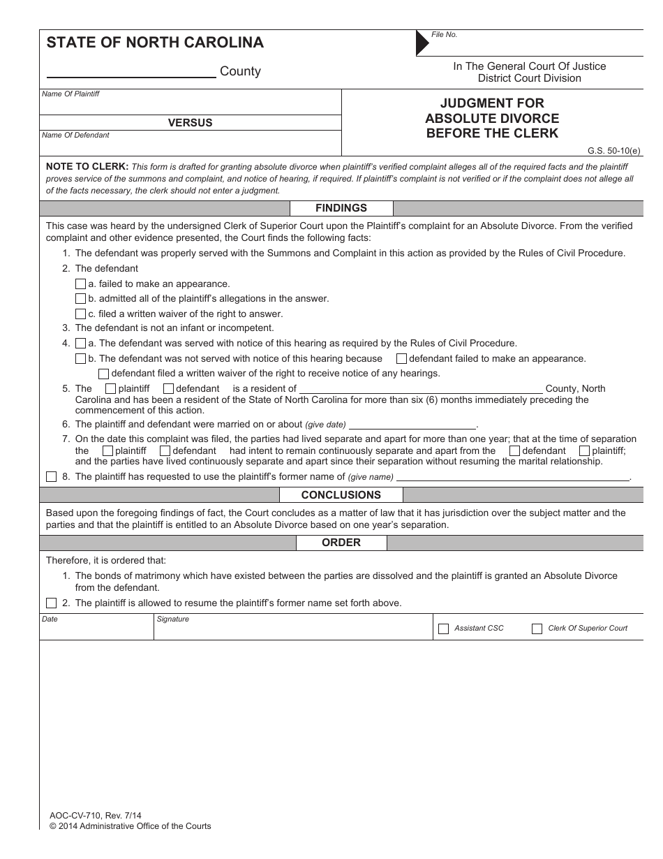Form AOC-CV-710 Judgment for Absolute Divorce Before the Clerk - North Carolina, Page 1