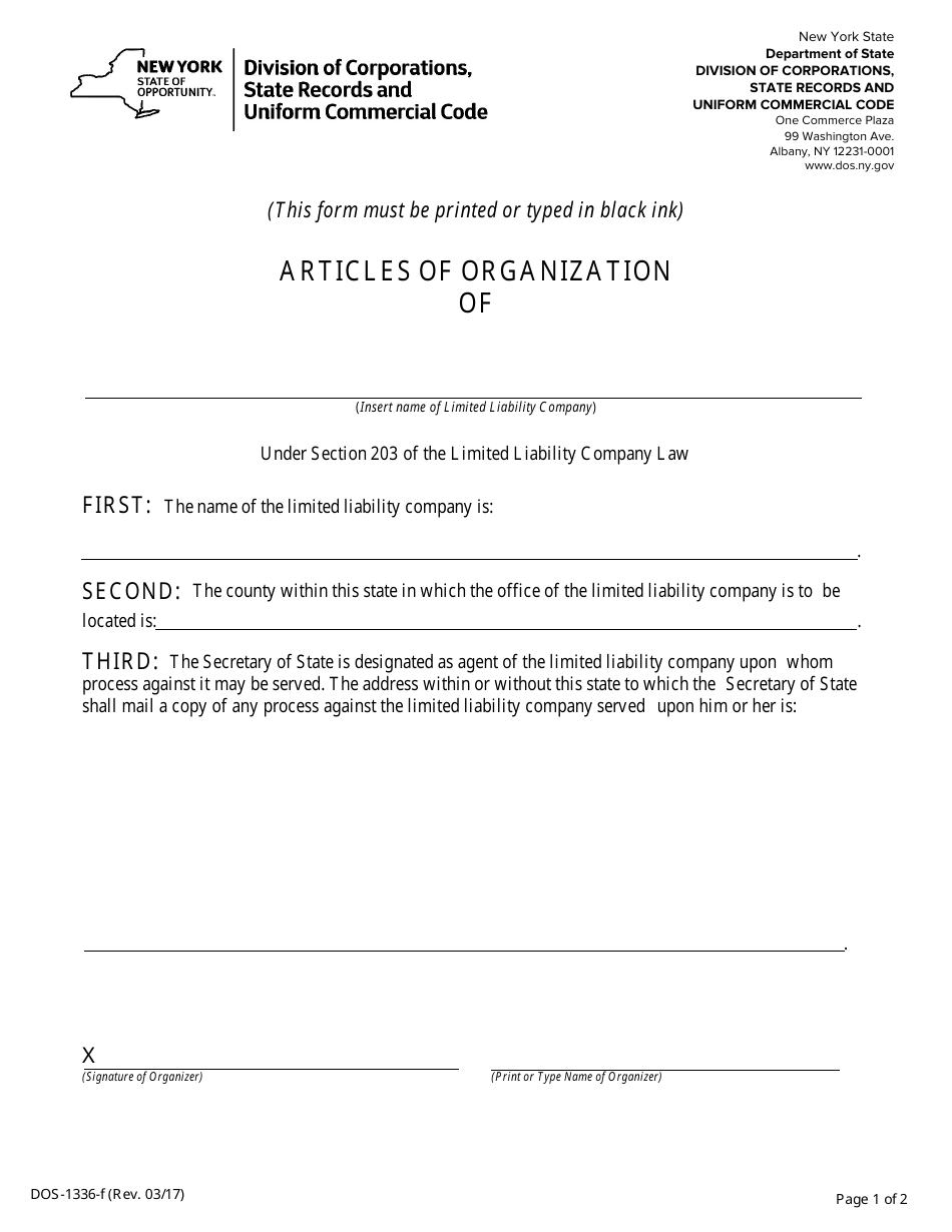 Form DOS-1336-F Articles of Organization - New York, Page 1