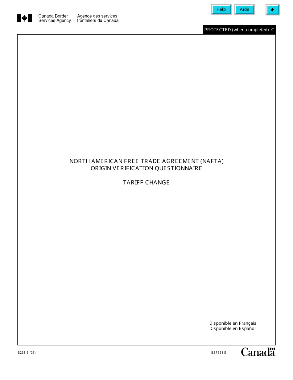 Form B231 North American Free Trade Agreement (Nafta) Origin Verification Questionnaire - Tariff Change - Canada, Page 1