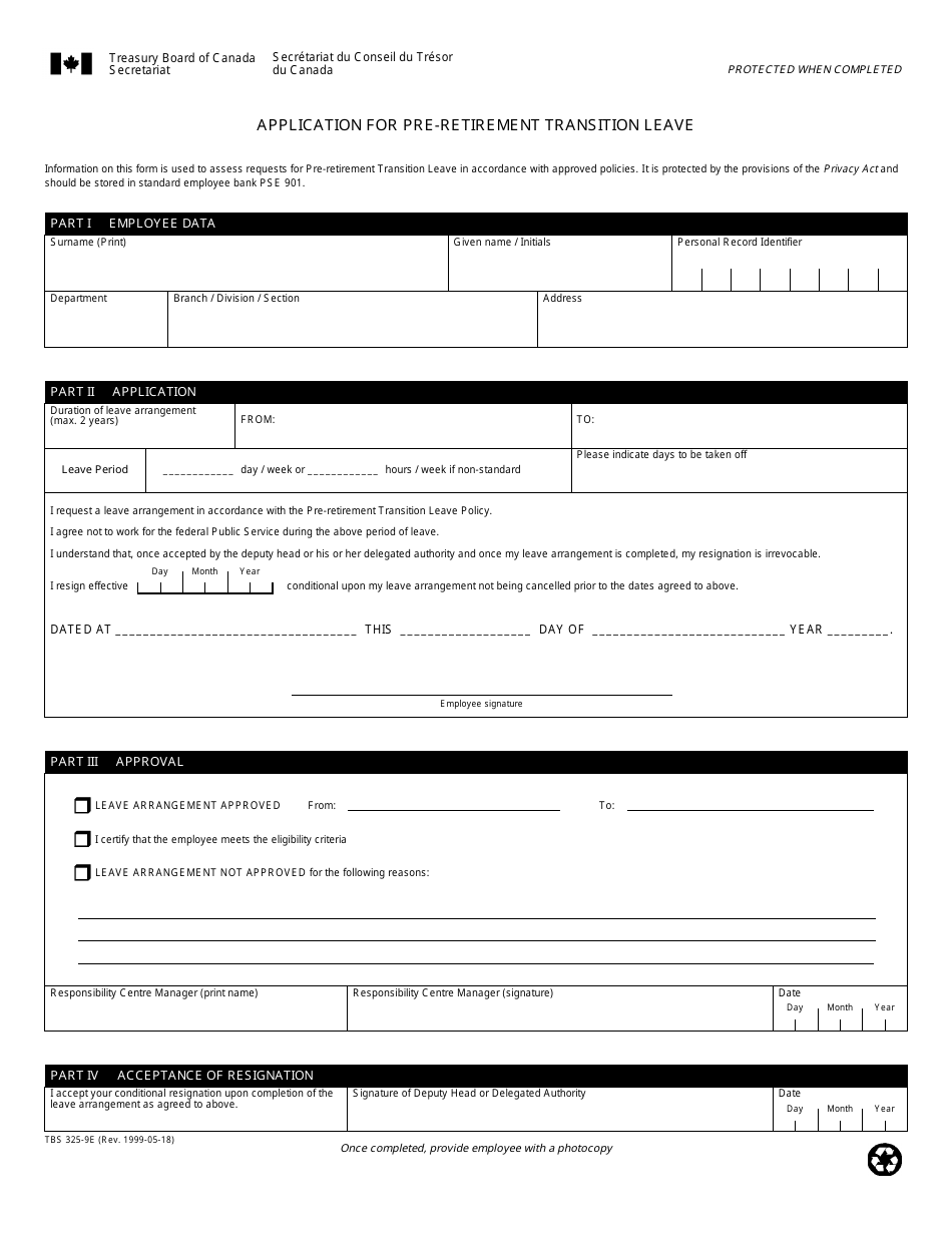 Form TBS325-9 Application for Pre-retirement Transition Leave - Canada, Page 1