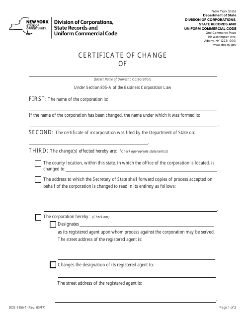 Form DOS-1556-F Certificate of Change - New York