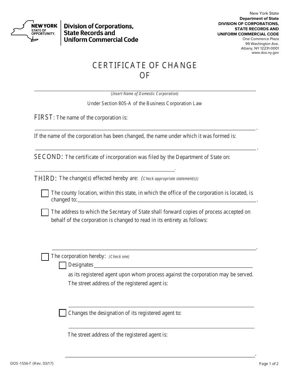 Form DOS-1556-F Certificate of Change - New York, Page 1