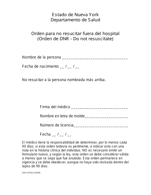 Formulario DOH-3474 Orden Para No Resucitar Fuera Del Hospital - New York (Spanish)