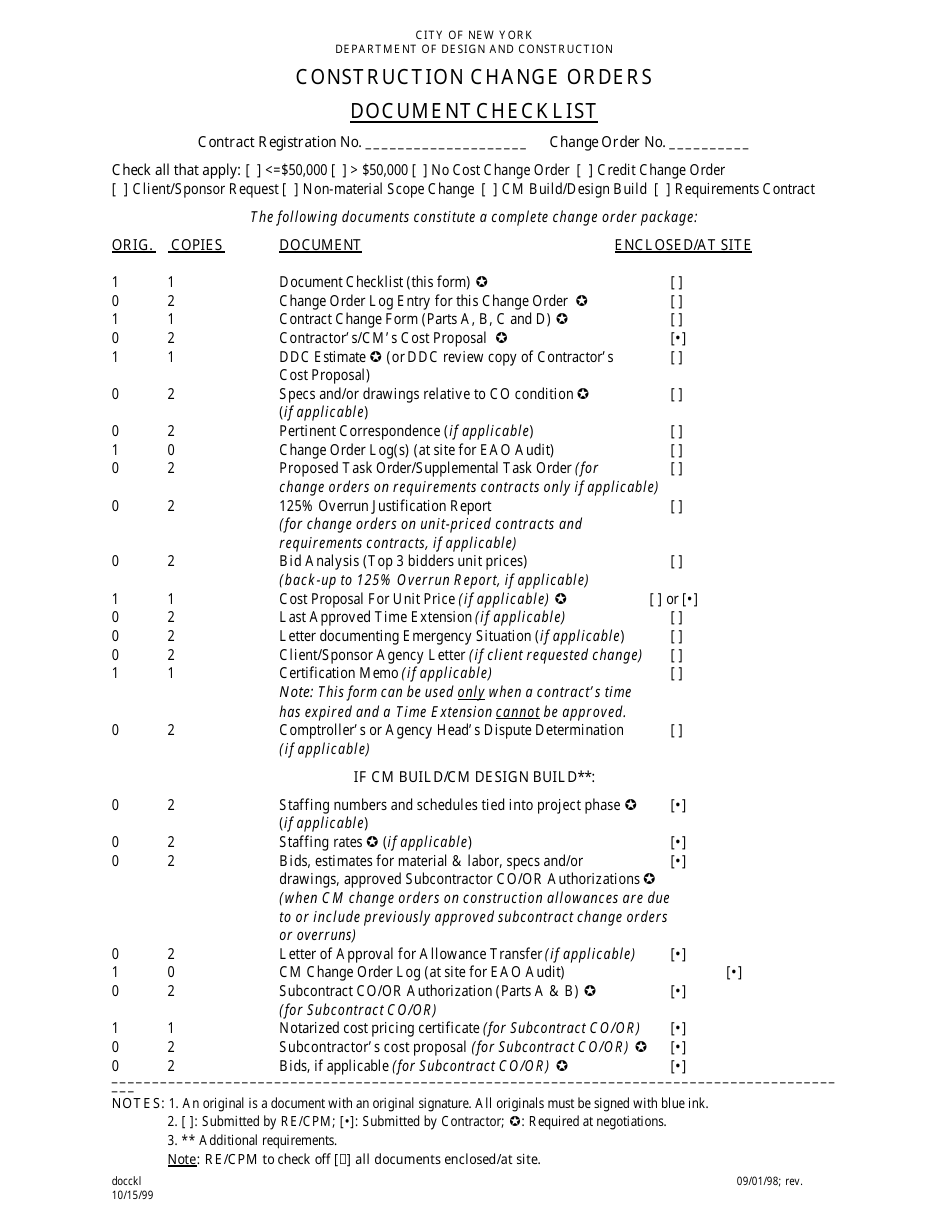 Document Checklist for Construction Change Orders - New York City, Page 1