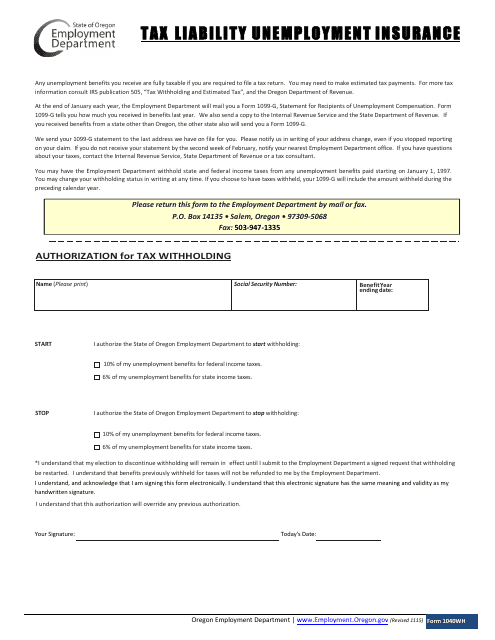 Form 1040WH Tax Liability Unemployment Insurance - Oregon