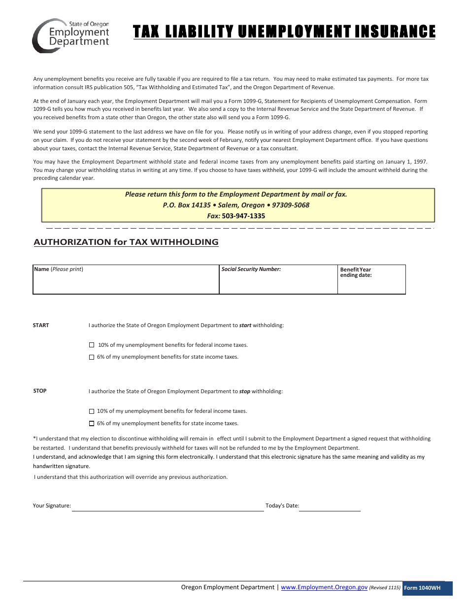 Form 1040WH Tax Liability Unemployment Insurance - Oregon, Page 1