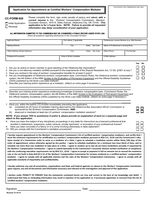 CC- Form 926 Application for Appointment as Certified Workers' Compensation Mediator - Oklahoma