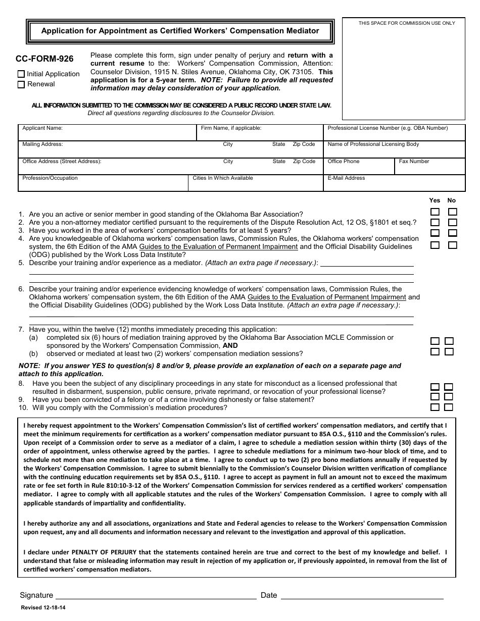 CC- Form 926 Application for Appointment as Certified Workers Compensation Mediator - Oklahoma, Page 1