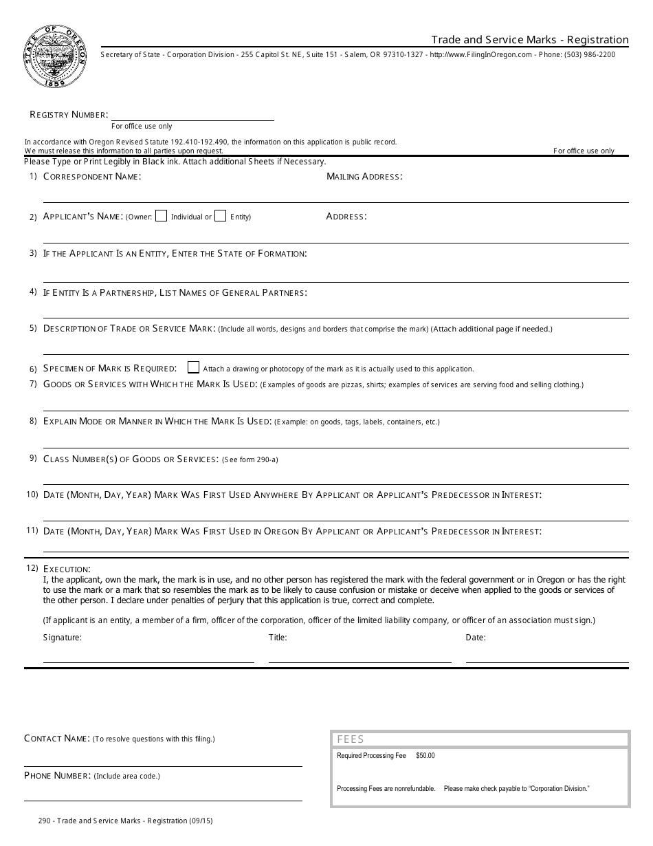 Oregon Trade and Service Marks Registration Fill Out, Sign Online and Download PDF