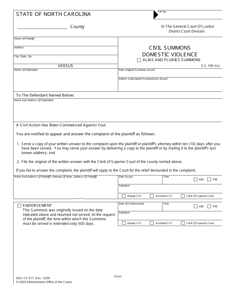 Form AOC-CV-317 Civil Summons Domestic Violence - North Carolina, Page 1