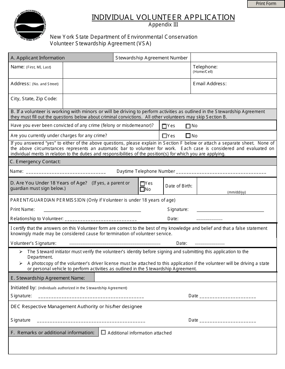 Appendix III Individual Volunteer Application - New York, Page 1