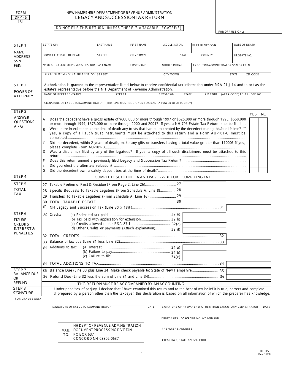 Form DP-145 Legacy and Succession Tax Return - New Hampshire, Page 1