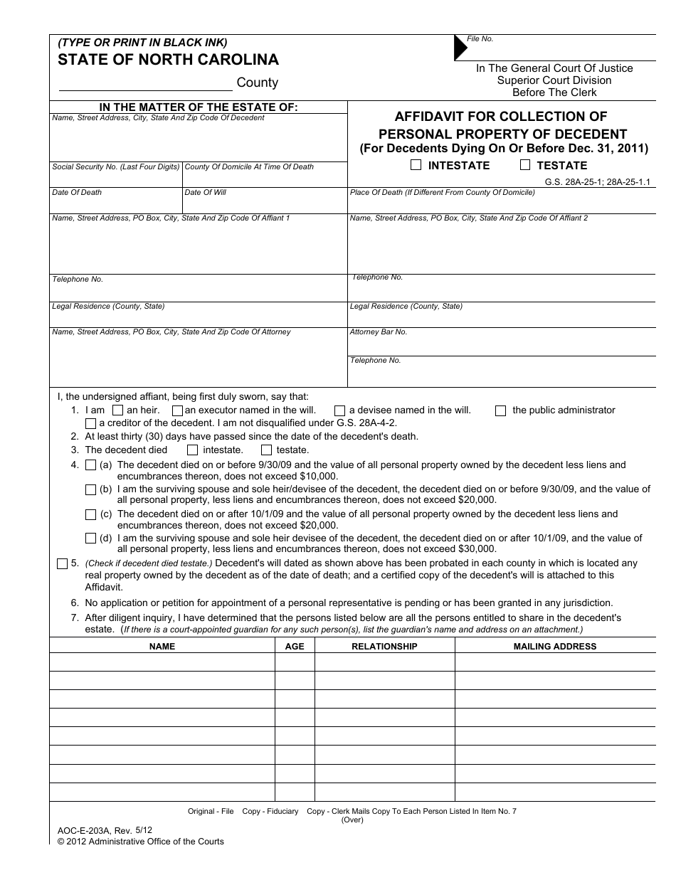 Form AOC-E-203A Affidavit for Collection of Personal Property of Decedent (For Decedents Dying on or Before Dec. 31, 2011) - North Carolina, Page 1