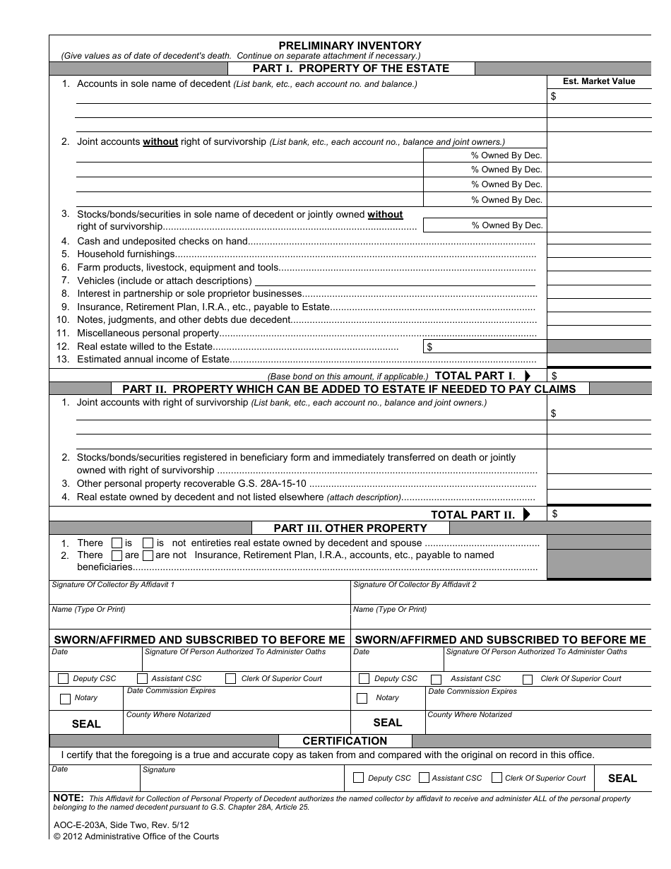 Form AOC-E-203A Affidavit for Collection of Personal Property of Decedent (For Decedents Dying on or Before Dec. 31, 2011) - North Carolina, Page 2