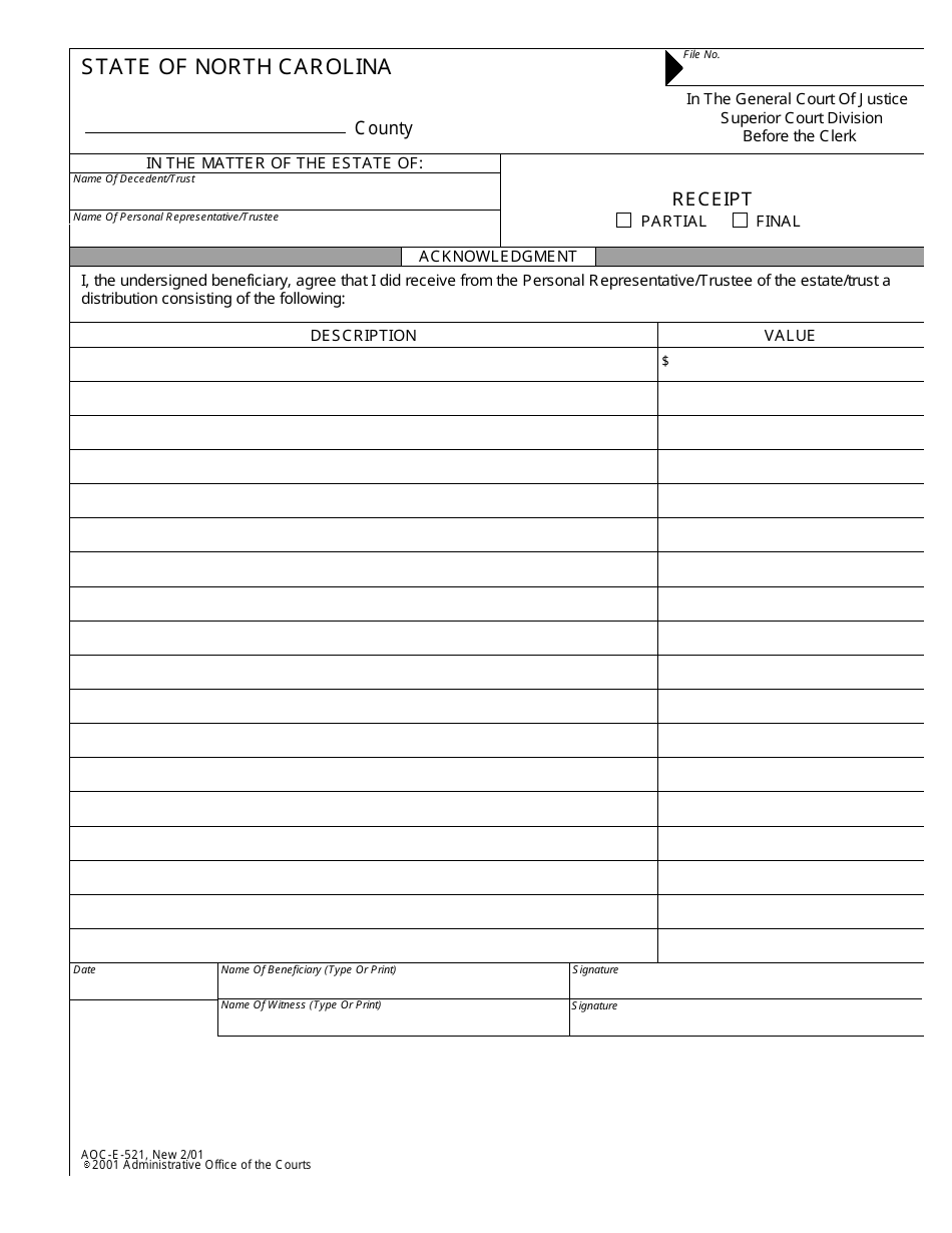 Form AOC-E-521 Receipt (Partial or Final) - North Carolina, Page 1