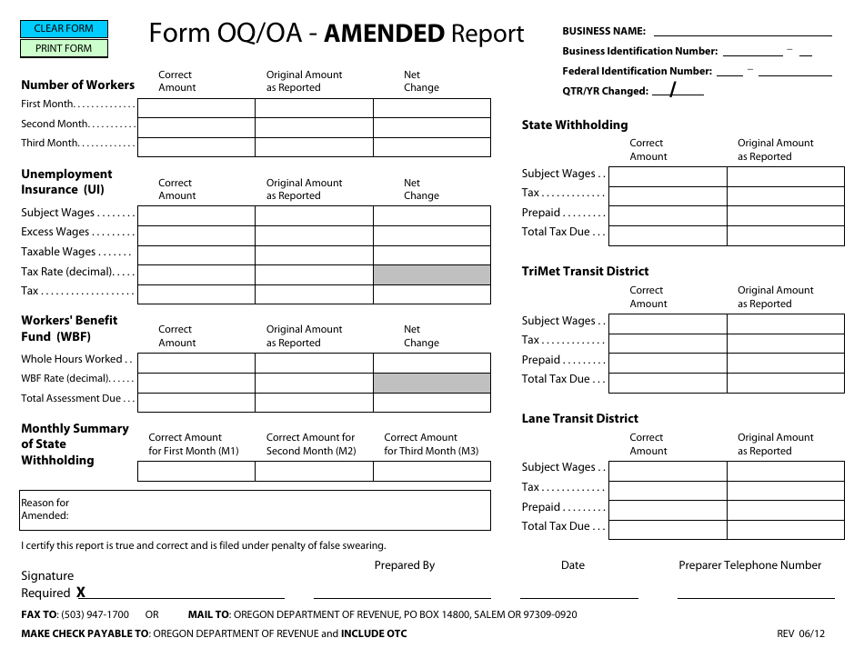 Form OQ / OA Amended Report - Oregon, Page 1