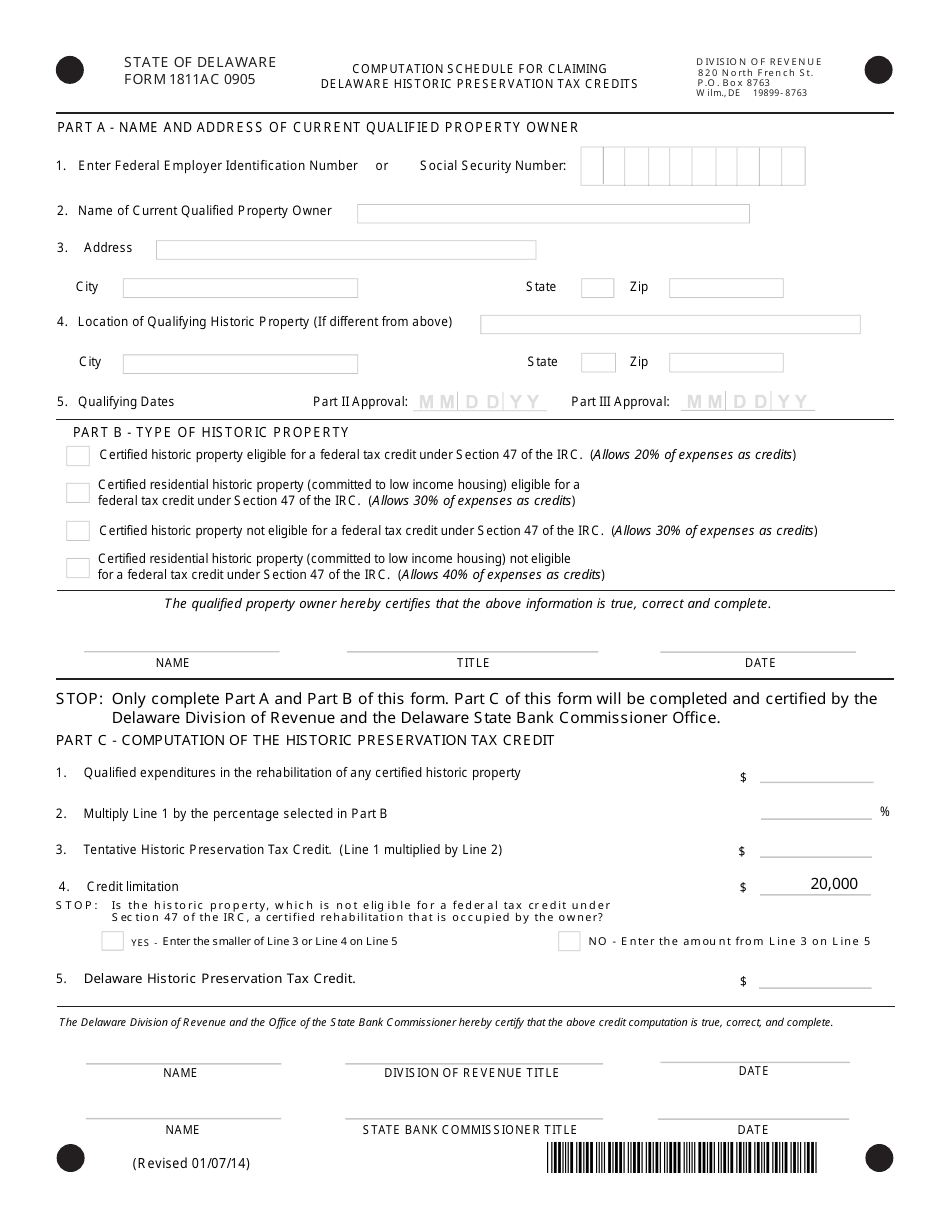 Form 1811AC 0905 Computation Schedule for Claiming Delaware Historic Preservation Tax Credits - Delaware, Page 1