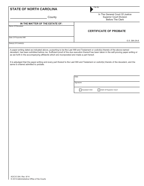 Form AOC-E-304 Certificate of Probate - North Carolina