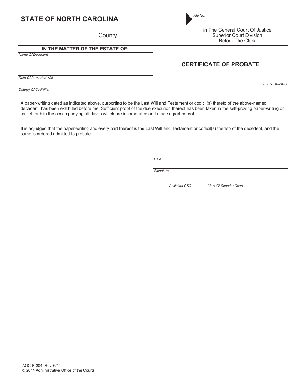 Form AOC-E-304 Certificate of Probate - North Carolina, Page 1