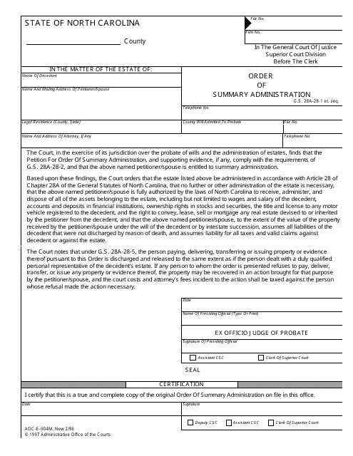 Form AOC-E-904M Order of Summary Administration - North Carolina