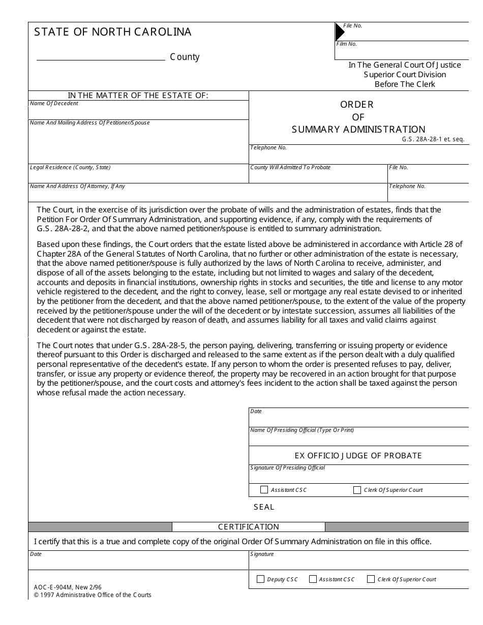 Form AOC-E-904M Order of Summary Administration - North Carolina, Page 1