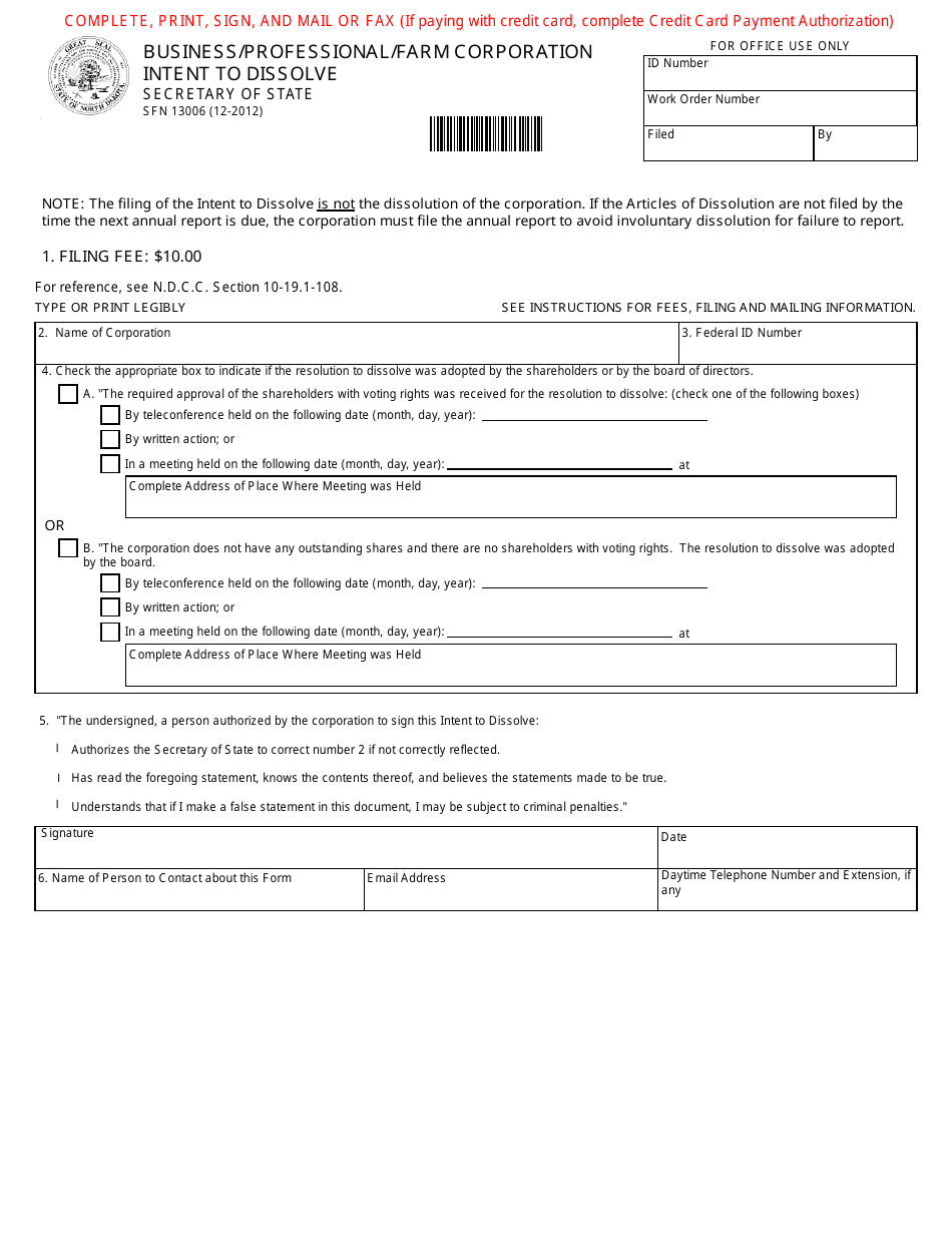 Form SFN13006 Business / Professional / Farm Corporation Intent to Dissolve - North Dakota, Page 1