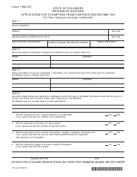 Document preview: Form 1902-AP Application for Exemption From Corporation Income Tax " Holding Company - Delaware