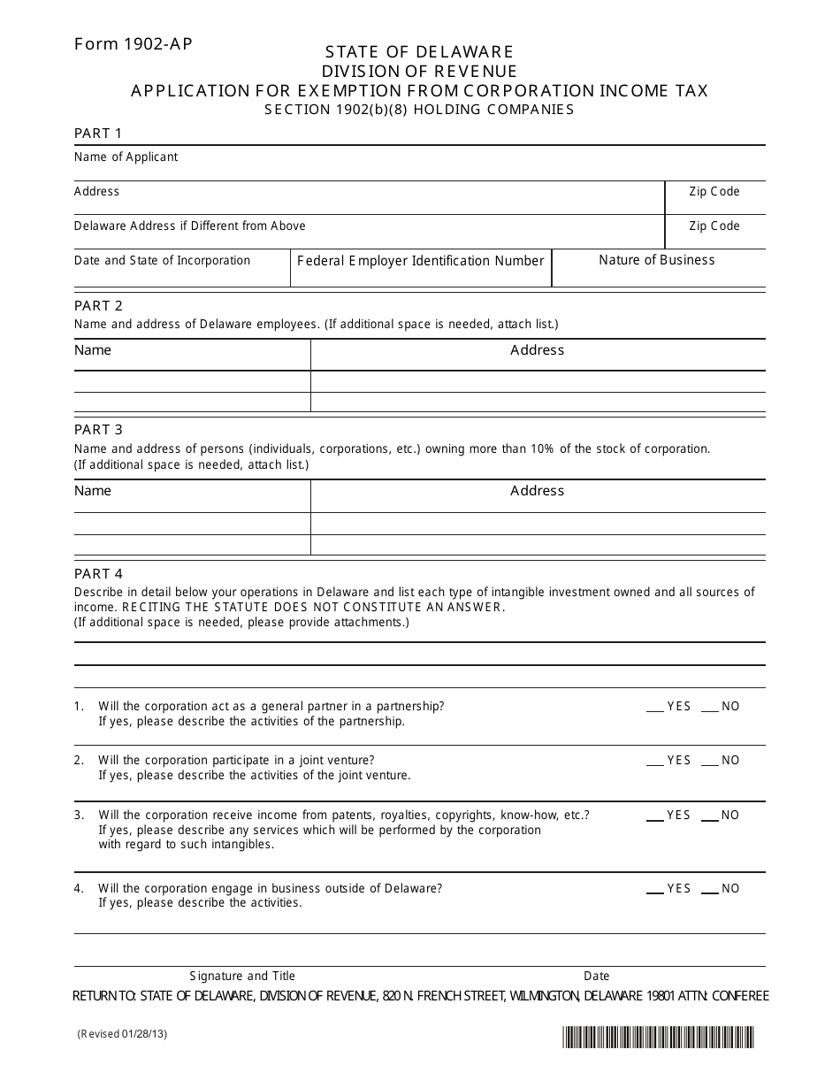 Form 1902-AP Application for Exemption From Corporation Income Tax  Holding Company - Delaware, Page 1