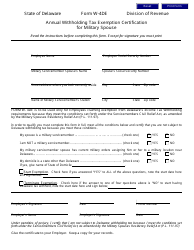 Document preview: Form W-4DE Annual Withholding Tax Exemption Certification for Military Spouse - Delaware