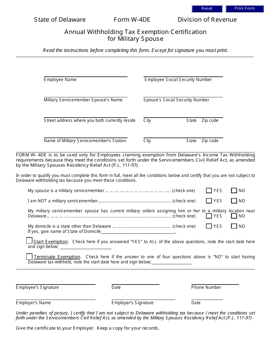 Form W-4DE Annual Withholding Tax Exemption Certification for Military Spouse - Delaware, Page 1