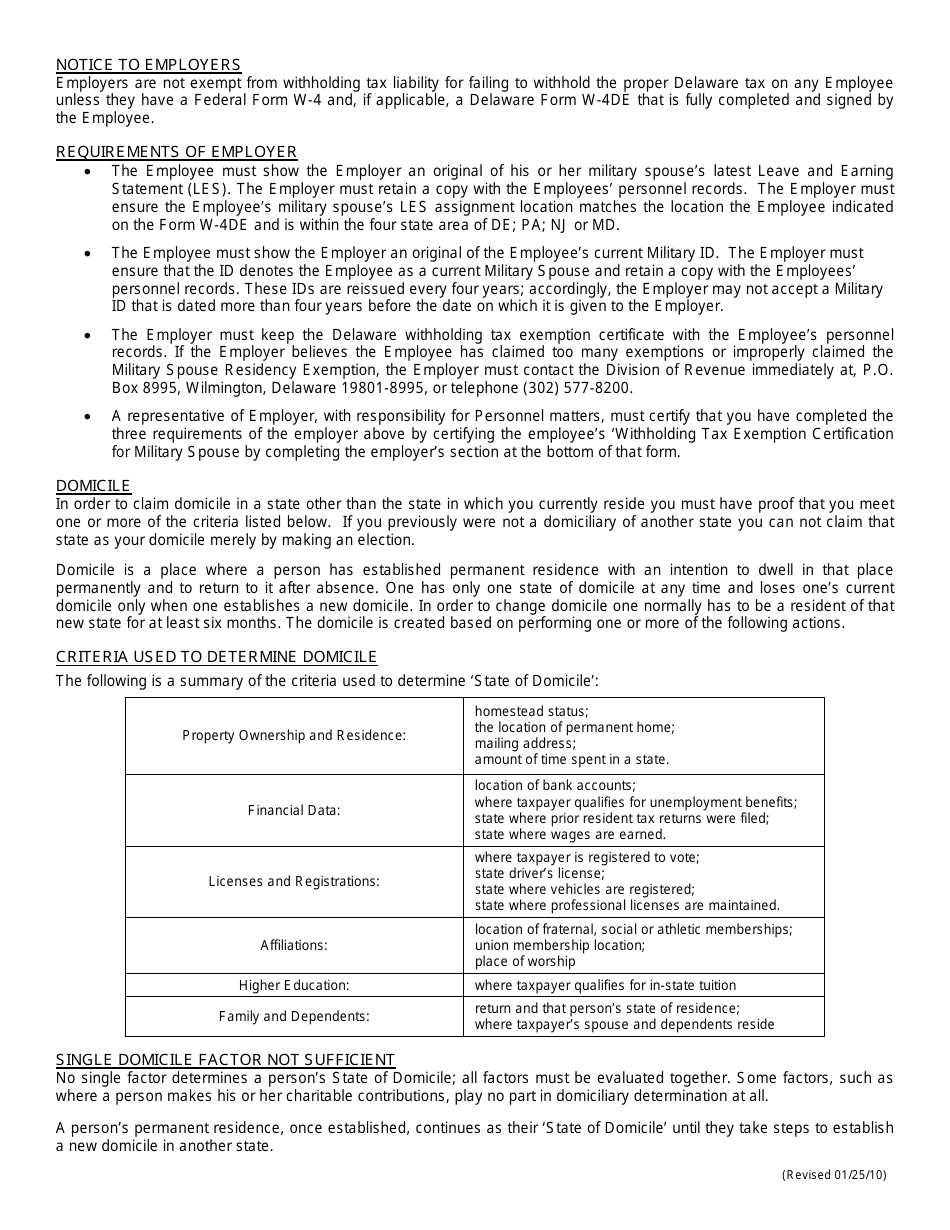 Form W-4DE Annual Withholding Tax Exemption Certification for Military Spouse - Delaware, Page 2