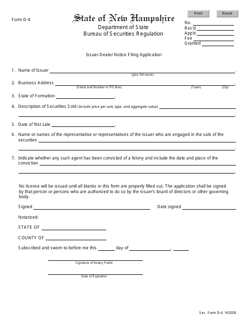 Form D-4 Issuer-Dealer Notice Filing Application - New Hampshire