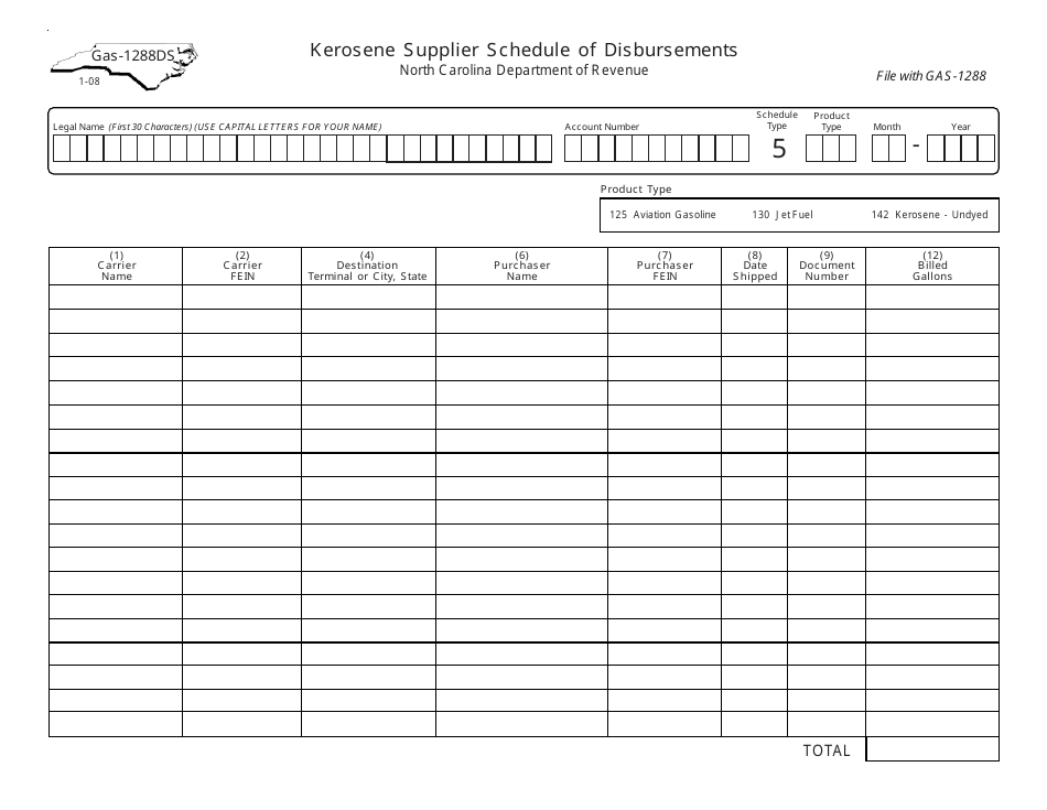 Form GAS-1288DS Kerosene Supplier Schedule of Disbursements - North Carolina, Page 1