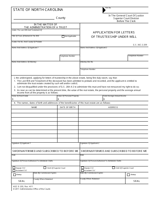 Form AOC-E-205 Application for Letters of Trusteeship Under Will - North Carolina