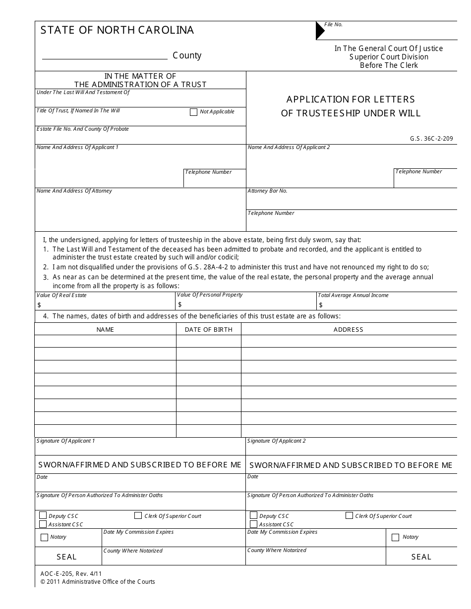Form AOC-E-205 Application for Letters of Trusteeship Under Will - North Carolina, Page 1
